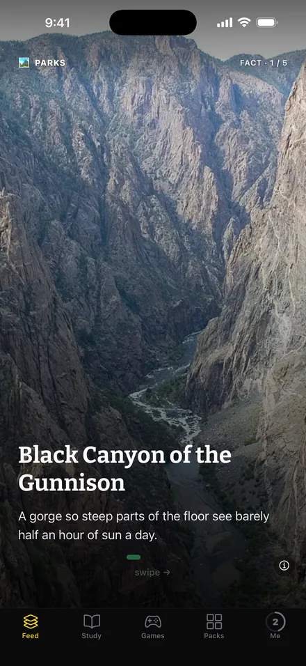 The FlashFeed feed showing a U.S. National Parks fact card about the Black Canyon of the Gunnison, with a photo of the gorge.