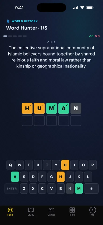 A Word Hunter game dealt in the feed: a World History clue with a five-letter guess marked green and amber.