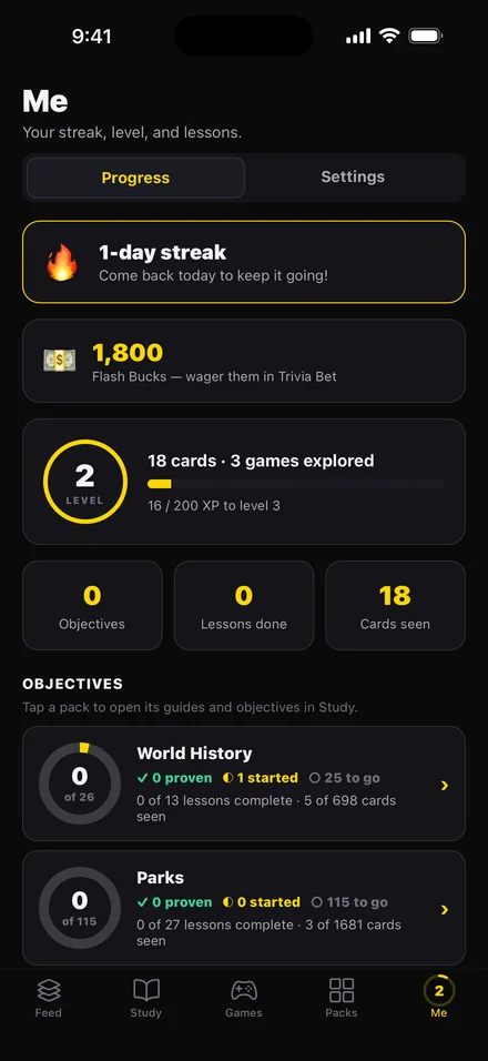 The Me tab: a 1-day streak, 1,800 Flash Bucks, level 2, and objectives progress for World History and U.S. National Parks.
