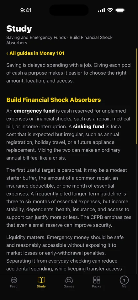 The Study tab showing a Money 101 study guide section on emergency funds and sinking funds.
